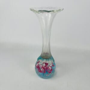 Art Glass Bud Vase Floral Pink and Blue 7 5/8”